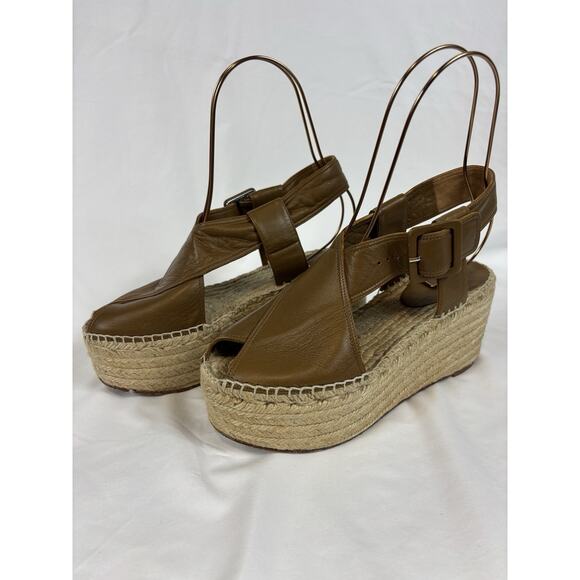Celine Paris Espadrilles Wedges Platform Sandals Brown Leather Size 38 Buckle - Picture 5 of 16